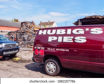 NEW ORLEANS, LA - AUGUST 4, 2012: Hubig's Pie Delivery Van Parked In Front Of Rubble Left By The Hubig's Bakery Fire Of July 27, 2012