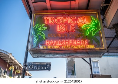 New Orleans, LA - Circa October 2021: Neon Sign Advertising The Tropical Isle Restaurant And Bar On Bourbon Street In The French Quarter.