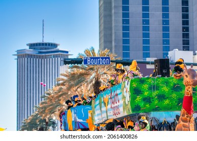 NEW ORLEANS, LA - FEBRUARY 9TH, 2016: Carnival Parade Along Bourbon Street On A Sunny Day. Mardi Gras Is The Biggest Celebration The City Hosts Every Year