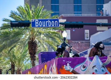 NEW ORLEANS, LA - FEBRUARY 9TH, 2016: Carnival Parade Along Bourbon Street On A Sunny Day. Mardi Gras Is The Biggest Celebration The City Hosts Every Year