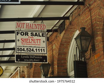 New Orleans, LA - May 16, 2021: A House For Sale Advertises Not Being Haunted In New Orleans