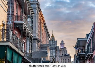 New Orleans, LA - October 28, 2021: The City Skyline Visible In The Distance At Sunset From Bourbon Street In The French Quarter.