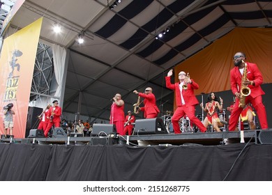New Orleans, LA  United States - April 30, 2022: Gnarls Barkley frontman CeeLo Green performs a James Brown Tribute at the 2022 New Orleans Jazz and Heritage Festival on the "Festival Stage".