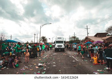 New Orleans, LA / USA, 3-17-18: A Parade Float On A Semi Truck, Driving Through The Crowd With Items And Trash On The Street At The Cabbage Festival 