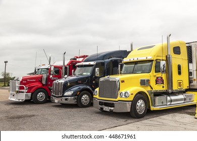 NEW ORLEANS, LA, USA - APR 17, 2016: Freightliner, Peterbilt And Western Star Trucks At The Parking Lot In Louisiana, United States