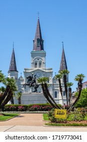 NEW ORLEANS, LA, USA - APRIL 24, 2020: St. Louis Cathedral And Jackson Square During Covid-19 Pandemic With 