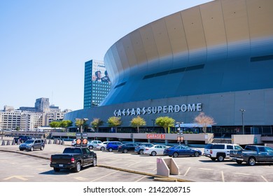 NEW ORLEANS, LA, USA - APRIL 3, 2022: Superdome With Parking Lot And Hint Of The Skyline During NCAA Men's Final Four Basketball Tournament