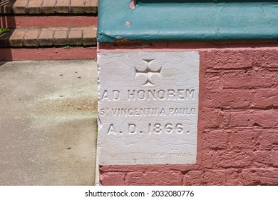 NEW ORLEANS, LA, USA - AUGUST 20, 2021: Cornerstone For Historic  St. Vincent De Paul Church In Bywater Neighborhood