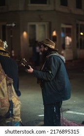 New Orleans, LA USA - February 9th, 2022: Street Performer Playing On Bourbon Street At Night