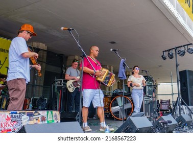 NEW ORLEANS, LA, USA - JUNE 11, 2022: Soul Creole Zydeco Band Performs At The Free Louisiana Cajun-Zydeco Festival In Congo Square