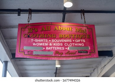 NEW ORLEANS, L.A. / USA - MARCH 8, 2020: Street View Of It's All About Me Clothing Boutique, A Local Business In NOLA, Exterior Signage Hangs Above A Store In South Louisiana.