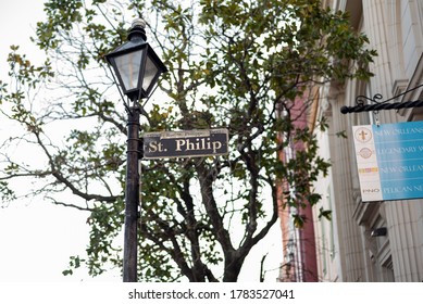 NEW ORLEANS, L.A. / USA - MARCH 8, 2020: Saint Phillip Street Sign, On A Light Post, Located On The Street In New Orleans, South Louisiana. 
