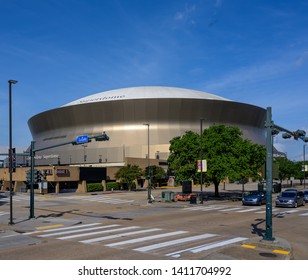 New Orleans, LA, USA -- May 26, 2019.  Wide Angle Photo Of The New Orleans Superdome, The Home Field Of The New Orleans Saints.