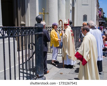 NEW ORLEANS, LA, USA - MAY 14, 2017: Catholic Archbishop Gregory Aymond Outside St. Louis Cathedral In The French Quarter With Celebrants Prior To Mass