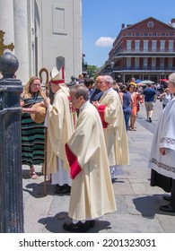 NEW ORLEANS, LA, USA - MAY 14, 2017: Archbishop Gregory Aymond Greets Parishioner As He Enters St. Louis Cathedral To Celebrate Sunday Mass.