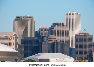 NEW ORLEANS, LA, USA - NOVEMBER 29, 2021: Heart Of Downtown New Orleans Showing The Sports Arena, Hotels And Office Buildings