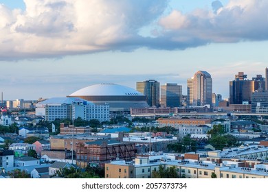 NEW ORLEANS, LA, USA - OCTOBER 13, 2021: The Superdome, The Arena And The Heart Of Downtown New Orleans From Central City