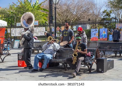 New Orleans, LA/USA - Circa February 2016: Young Band Of Musicians Perform At Jackson Square, French Quarter, New Orleans, Louisiana