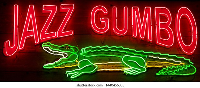 New Orleans, Louisiana - December 23, 2018: Jazz Gumbo Neon Restaurant Sign