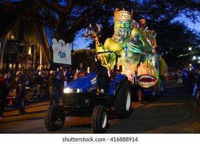 New Orleans, Louisiana; February 8, 2016: Mardi Gras Float Travels Down Saint Charles Avenue In New Orleans, Louisiana.