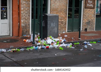 New Orleans, Louisiana, February 9, 2020: The Aftermath Of A Mardi Gras Parade In Bourbon Street. 