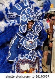 New Orleans, Louisiana - May 8, 2011: Smiling Mardi Gras Indian In Blue Costume At Jazz Fest