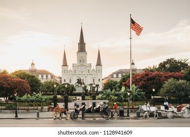 New Orleans, Louisiana / United States - June 26-2018: Saint Louis Cathedral And Jackson Square At Sunset