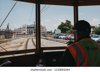 New Orleans, Louisiana / United States - June 26-2018: Streetcar Driver In Downtown New Orleans On Canal Street.