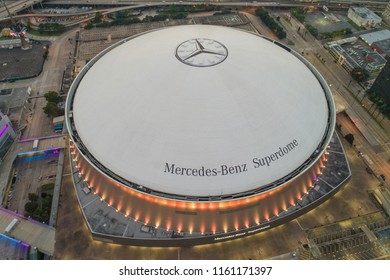 NEW ORLEANS, LOUISIANA, USA - AUGUST 1, 2018: Drone Shot Of The Mercedes Benz Superdome New Orleans