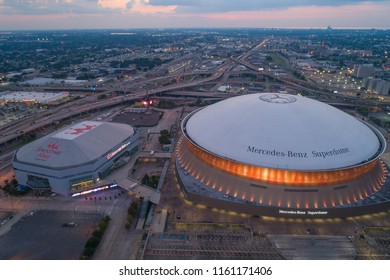 NEW ORLEANS, LOUISIANA, USA - AUGUST 1, 2018: Aerial Drone Photo Twilight Image Mercedes Benz Superdome Downtown New Orleans Louisiana USA