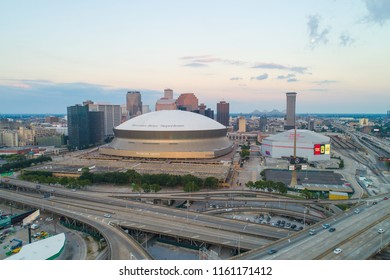 NEW ORLEANS, LOUISIANA, USA - AUGUST 1, 2018: Aerial Drone Image Of Downtown New Orleans And The Mercedes Benz Superdome