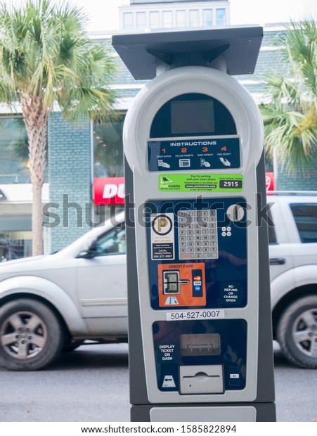 New Orleans, Louisiana, USA.\
December 2019. Parking machine for cars in the downtown of New\
Orleans.