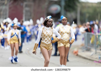 New Orleans, Louisiana, USA - February 23, 2019: Mardi Gras Parade, The Pierre A Capdau Marching Jaguars And Cheerleaders, Performing At The Parade