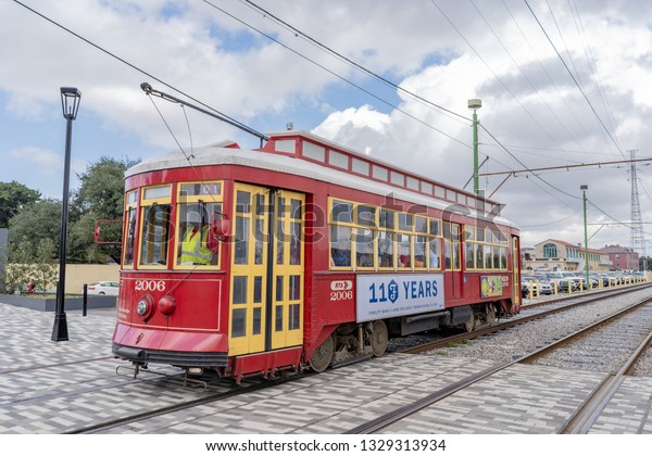 New Orleans,\
Louisiana / USA - February 17, 2019: The iconic New Orleans Street\
Car approaches the station in winter. New Orleans has historically\
been a transportation hub.