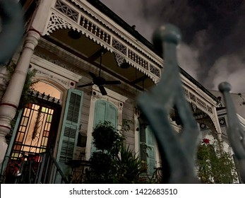 NEW ORLEANS, LOUISIANA, USA- JUNE 6, 2019: Evening Exterior Of A Haunted House In The French Quarter District Of New Orleans, Louisiana.