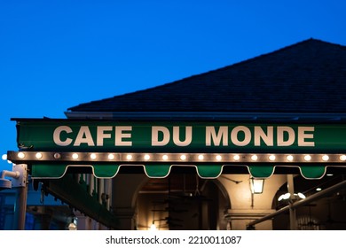 New Orleans, Louisiana USA - June 2 2022: Cafe Du Monde Restaurant Sign At Night In The French Quarter Of New Orleans