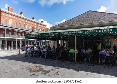 New Orleans, Louisiana USA - May 30 2022: Cafe Du Monde Next To Jackson Square In The Morning In The French Quarter Of New Orleans