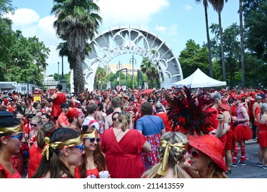 New Orleans, Louisiana/USA - August 9, 2014: The New Orleans Hash House Harriers Hosts Their Annual Red Dress Run Fundraising Event In The Historic French Quarter.  