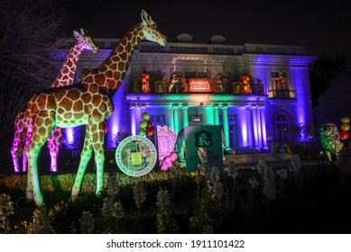 New Orleans, LouisianaUSA - February 5, 2021:Krewe Of House Floats Circus Fun Decorations On St. Charles Avenue In New Orleans, Louisiana. Mardi Gras Parades Are Cancelled Due To COVID-19 Pandemic.