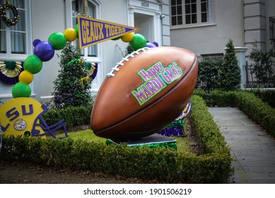 New Orleans, LouisianaUSA - January 24, 2021: Krewe Of House Floats Sports Decorations On St. Charles Avenue In New Orleans. The COVID 19 Pandemic Caused All Mardi Gras Parades To Be Cancelled.