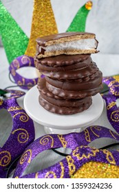 New Orleans Mardi Gras Moon Pie Stack With Carnival Masks