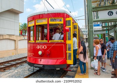 NEW ORLEANS - MAY. 28, 2017: RTA Streetcar Riverfront Line Route 2 at Canal Street station in French Quarter in downtown New Orleans, Louisiana LA, USA.