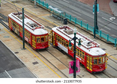 NEW ORLEANS - MAY. 29, 2017: RTA Streetcar Canal Line Route 47 at S Peters Street terminal in French Quarter in downtown New Orleans, Louisiana LA, USA.