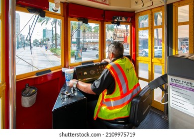NEW ORLEANS - MAY. 31, 2017: Interior view of RTA Streetcar Canal Line Route 47 in French Quarter in downtown New Orleans, Louisiana LA, USA.