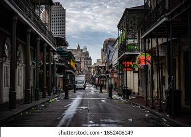 New Orleans, United States: March 1, 2020: Litter Filled Empty Bourbon Street After A Night Of Partying In New Orleans