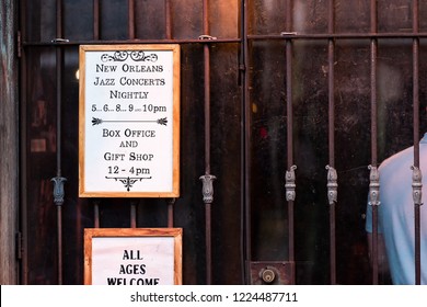 New Orleans, USA - April 22, 2018: Closeup Sign For Preservation Hall In Old Town Dark Night St Peter Pierre Street In Louisiana Famous Town, City, Information Hours