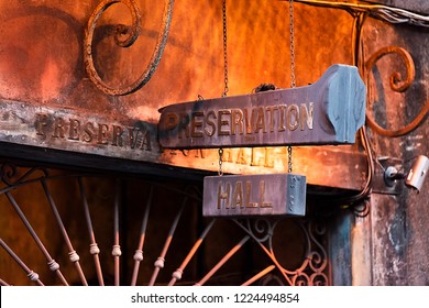 New Orleans, USA - April 22, 2018: Closeup Sign For Preservation Hall In Old Town Dark Night St Peter Pierre Street In Louisiana Famous Town, City