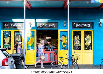 New Orleans, USA - April 22, 2018: Dat Dog Restaurant Cafe On Frenchmen Street In French Quarter Serving Hot Dogs, Sausages And Cold Beer