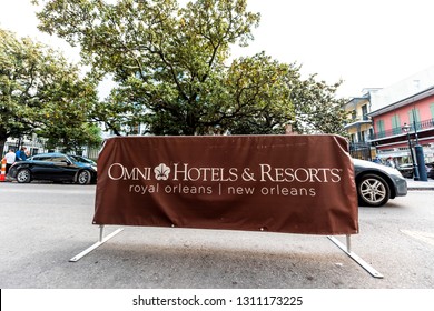 New Orleans, USA - April 23, 2018: Old Town Road In Louisiana Famous Town City Closeup Of Sign For Omni Hotels Resorts On Royal Street Banner