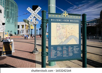 New Orleans, USA - Dec 2, 2019: Railroad Crossing Warning Signs Near River Walk In Port For Cruise Ships.